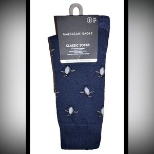 American Eagle Crew Classic Socks 3 Pair Men OSFM Blue Tan Brown w Toe Logo NEW!
